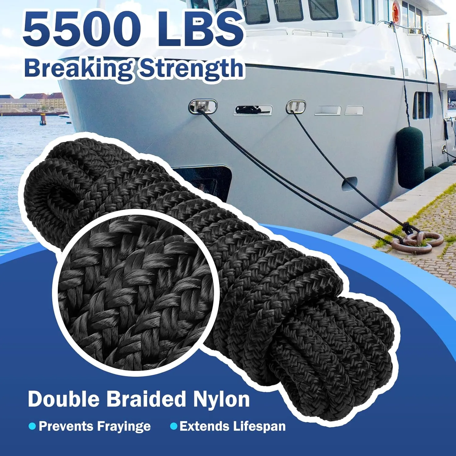 Kohree 3/8" x 15' Boat Dock Lines, Pre-Spliped 12" Eyelet Fender Lines, Heavy-Duty Double Braided Nylon Marine Ropes for Mooring, Docking Yacht Pontoon Accessories, 4 Pack, Black