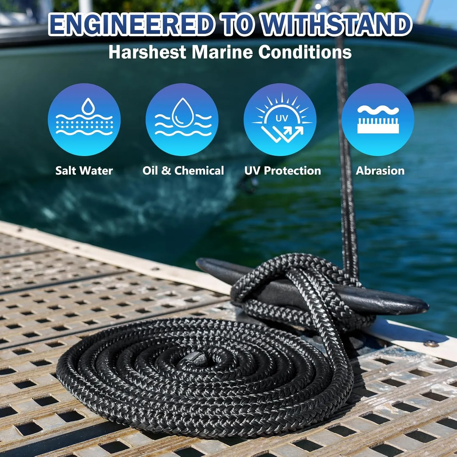 Kohree 3/8" x 15' Boat Dock Lines, Pre-Spliped 12" Eyelet Fender Lines, Heavy-Duty Double Braided Nylon Marine Ropes for Mooring, Docking Yacht Pontoon Accessories, 4 Pack, Black