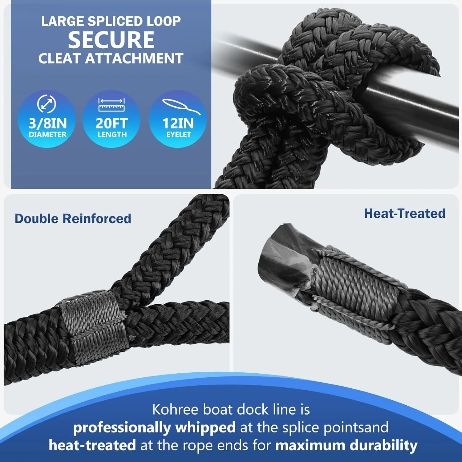 Kohree 3/8" x 15' Boat Dock Lines, Pre-Spliped 12" Eyelet Fender Lines, Heavy-Duty Double Braided Nylon Marine Ropes for Mooring, Docking Yacht Pontoon Accessories, 4 Pack, Black