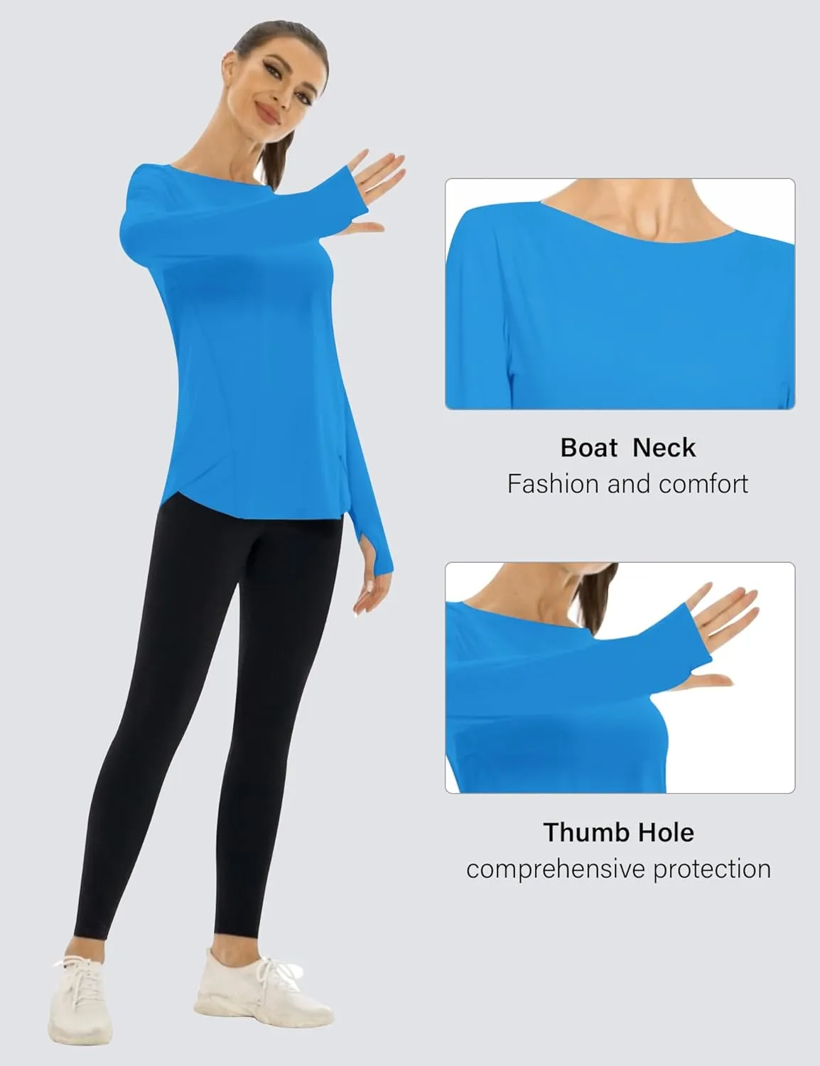 KTILG Women's Long Sleeve UPF 50  Sun Protection T-Shirts Boat Neck Lightweight Quick Dry Hiking Outdoor Top with Thumb Hole