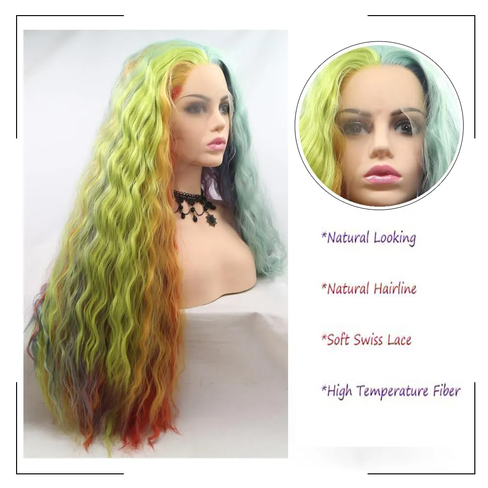 Lace Front Wigs for Women Synthetic Long Body Wavy Free Part Wig Heat Resistant Fiber Glueless Wigs for Daily Makeup 24inch (Rainbow Multi Colored)