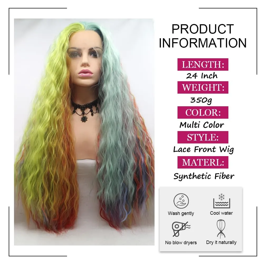 Lace Front Wigs for Women Synthetic Long Body Wavy Free Part Wig Heat Resistant Fiber Glueless Wigs for Daily Makeup 24inch (Rainbow Multi Colored)