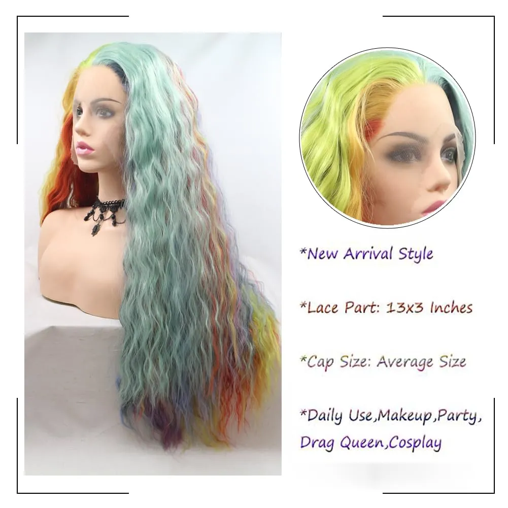 Lace Front Wigs for Women Synthetic Long Body Wavy Free Part Wig Heat Resistant Fiber Glueless Wigs for Daily Makeup 24inch (Rainbow Multi Colored)