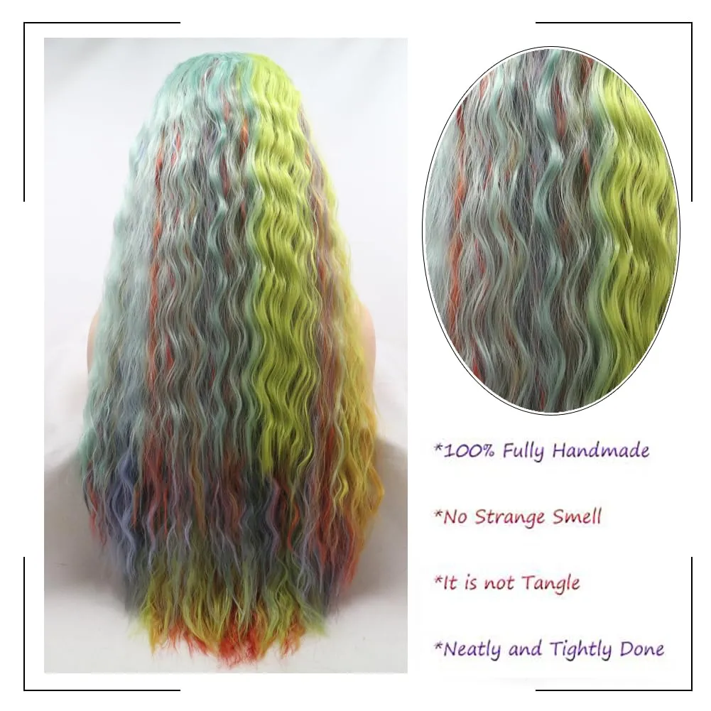 Lace Front Wigs for Women Synthetic Long Body Wavy Free Part Wig Heat Resistant Fiber Glueless Wigs for Daily Makeup 24inch (Rainbow Multi Colored)