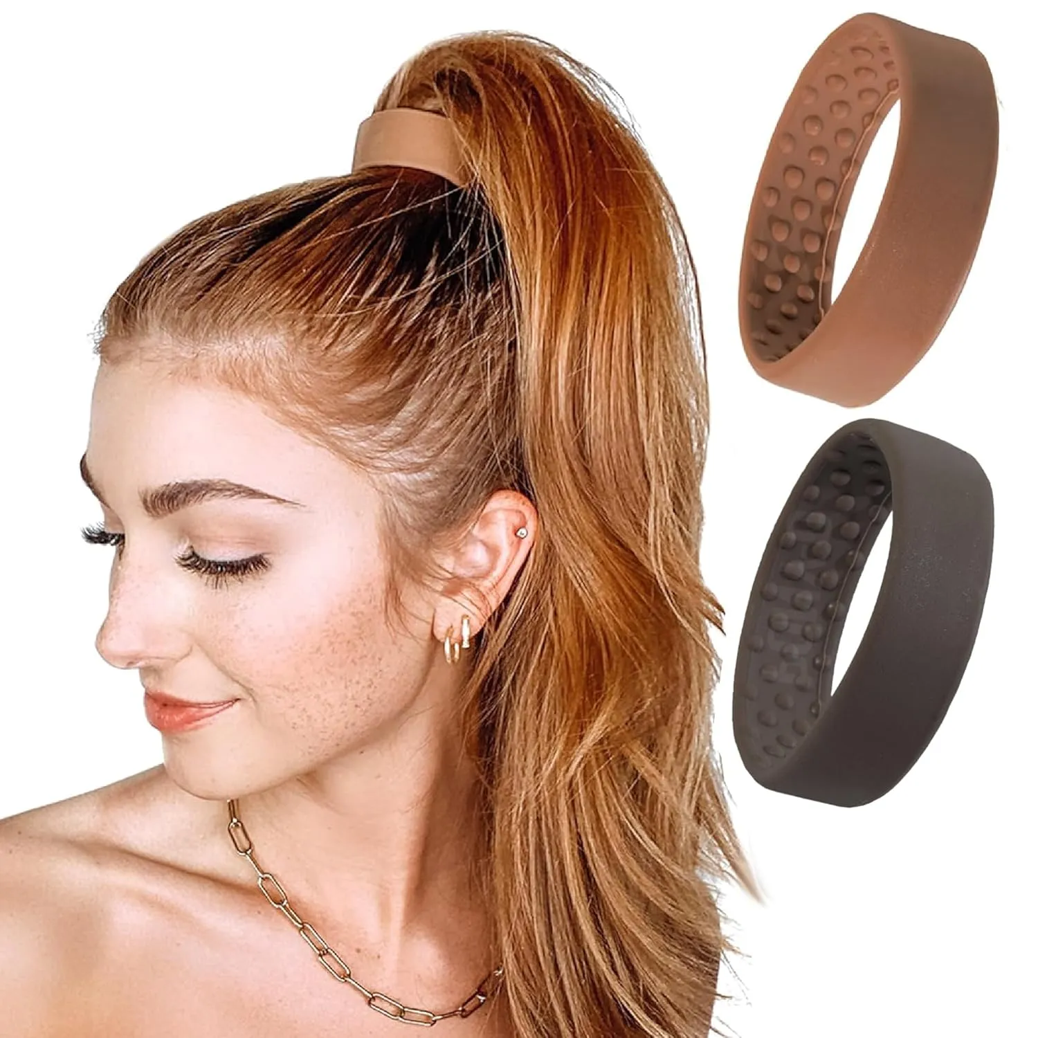 Large PONY-O for Thick, Heavy or Curly Hair - PONY-O Revolutionary Patented Bendable Hair Tie Ponytail Holders - 2 Pack Brown & Copper