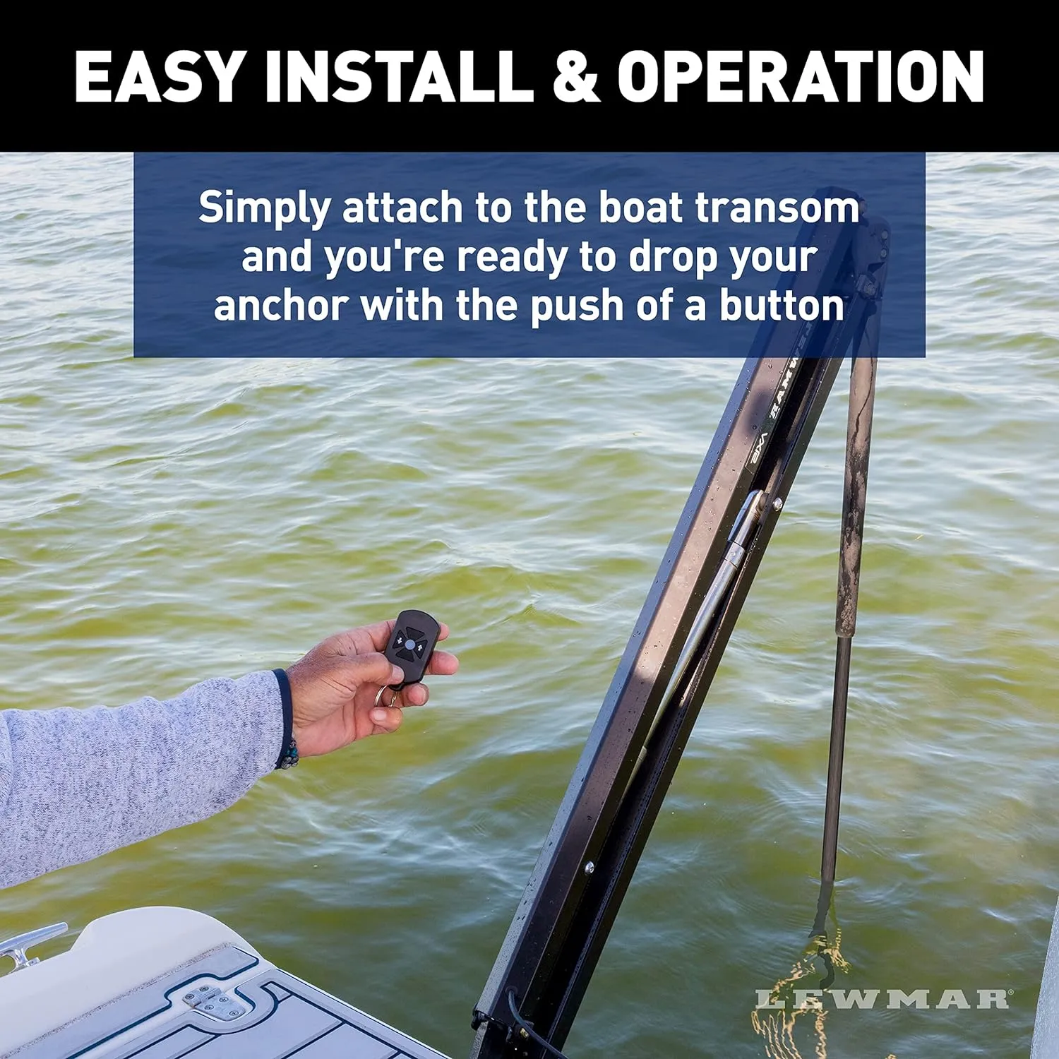 Lewmar Axis Shallow Water Anchor for use in up to 7' of Water, 12V Electrically Powered, Remote Controlled Deployment, Four Bar Articulating Arm, for Powerboats up to 26', Black - 22108805