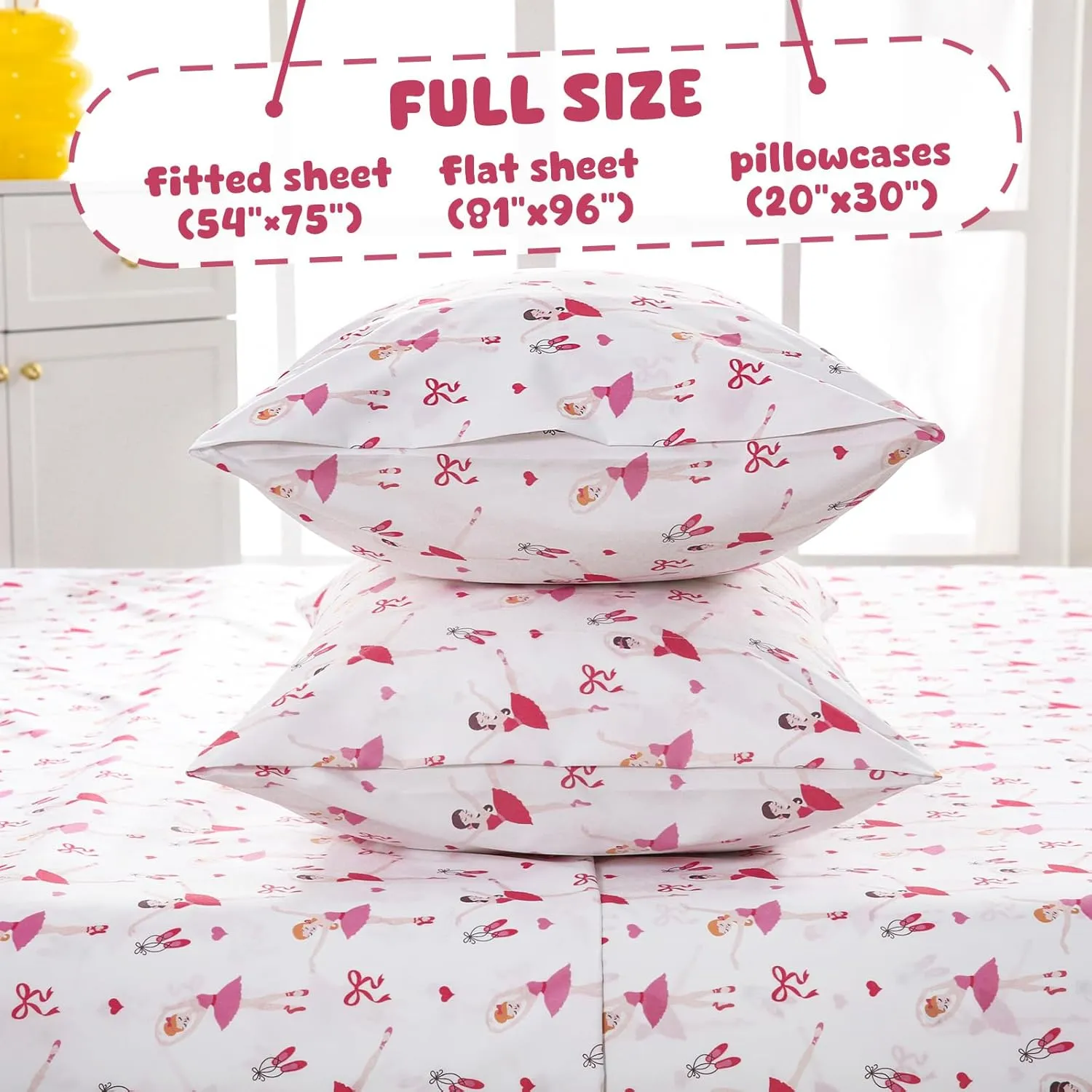 LONAVA Full Sheet Set Kids - Ballet 4 Pieces Soft Cute Microfiber Bed Sheet for Boy Girls Teens, Oeko Texted Breathable Cooling Fabric & Deep Pocket Full Elastic Sheets