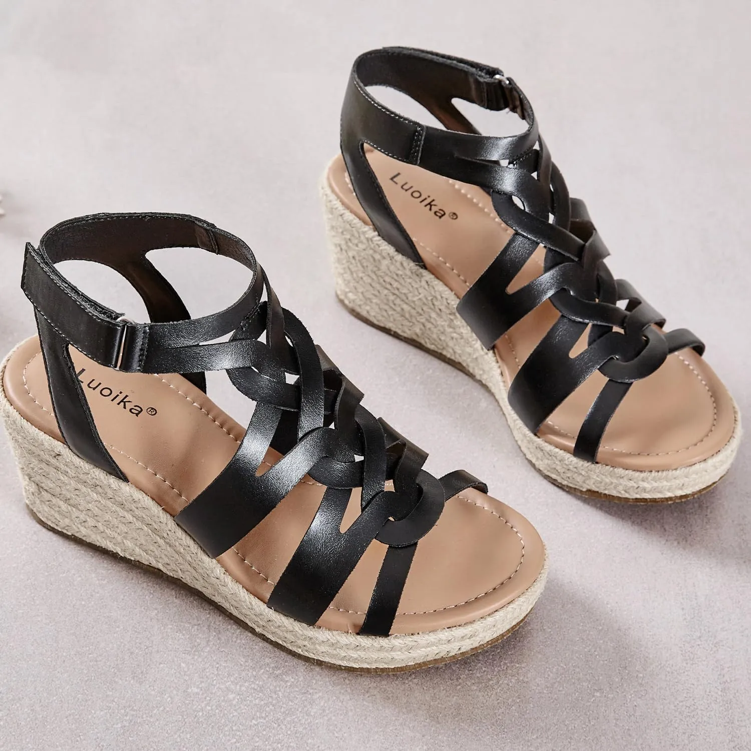 Luoika Women's Wide Width Wedge Sandals, Espadrille Wedge Pump Heel Platform Ankle Strap Open Toe Women's Sandal Concise Casual Summer Shoes.