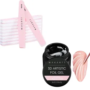 Makartt 3D Nail Foil Glue, 8ml Foil Transfer Gel Foil Adhesive Glue Bundle with Nail Buffer Block Nail Prep Sponge Nail Files 100/180 Grit Pink Nail Sanding Buffer for Acrylic Nails 10Pcs