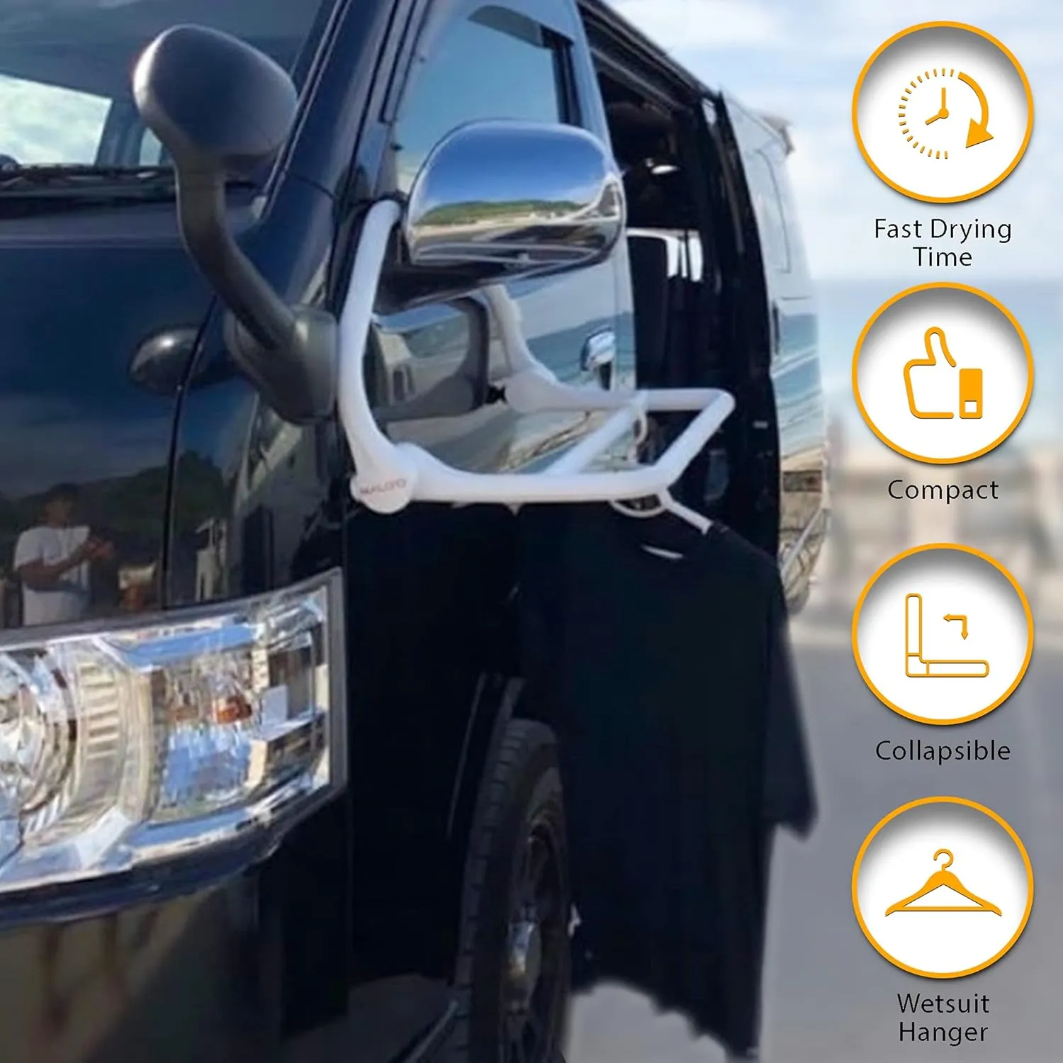 Malo'o Portable Drying Rack – Perfect for Wetsuit Drying, Camping, Fishing & Scuba Gear. The Heavy Duty Hangers Have 2 Drying Bars for Wet Suits or Hockey Gear and can Hang Off The Side View Mirror