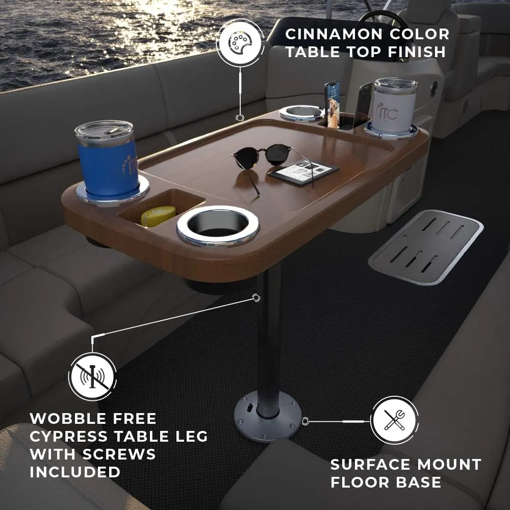 Manufacturers' Select ITC Boat Table Set - 18"x34" Removable Pontoon Boat Table with Pedestal Leg, 4 Drink Holders, and 2 Phone Stands (Cinnamon Brown Table with Silver Leg)