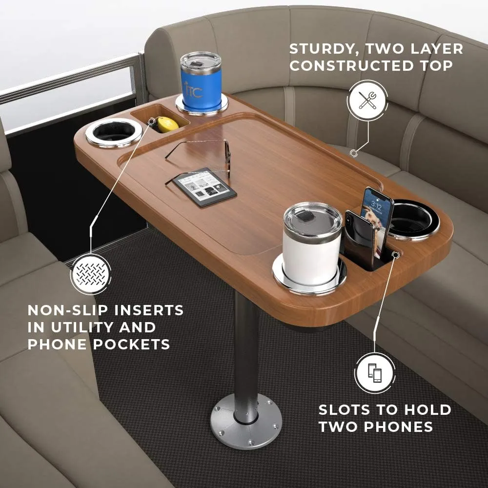 Manufacturers' Select ITC Boat Table Set - 18"x34" Removable Pontoon Boat Table with Pedestal Leg, 4 Drink Holders, and 2 Phone Stands (Cinnamon Brown Table with Silver Leg)