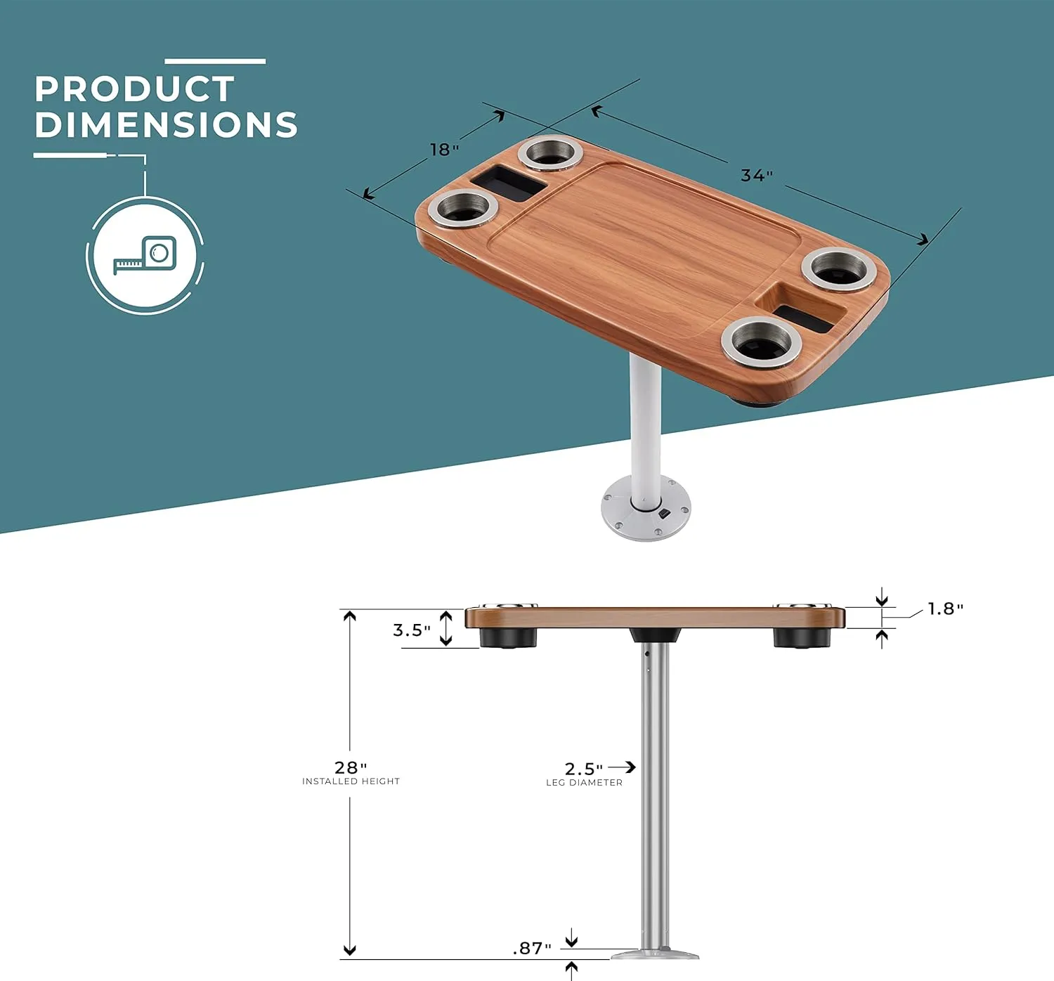 Manufacturers' Select ITC Boat Table Set - 18"x34" Removable Pontoon Boat Table with Pedestal Leg, 4 Drink Holders, and 2 Phone Stands (Cinnamon Brown Table with Silver Leg)