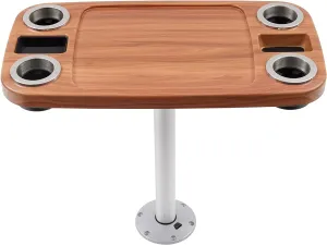 Manufacturers' Select ITC Boat Table Set - 18"x34" Removable Pontoon Boat Table with Pedestal Leg, 4 Drink Holders, and 2 Phone Stands (Cinnamon Brown Table with Silver Leg)