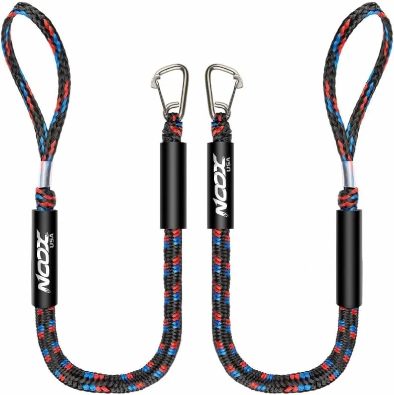 Marine Bungee Dock Lines – Dock Rope with Stainless Steel Clip, Perfect for Jet Ski, SeaDoo, Yamaha WaveRunner, Kayak, Pontoon, and Dinghy. 4 feet (Pack of 2). (Black, Blue and Red)