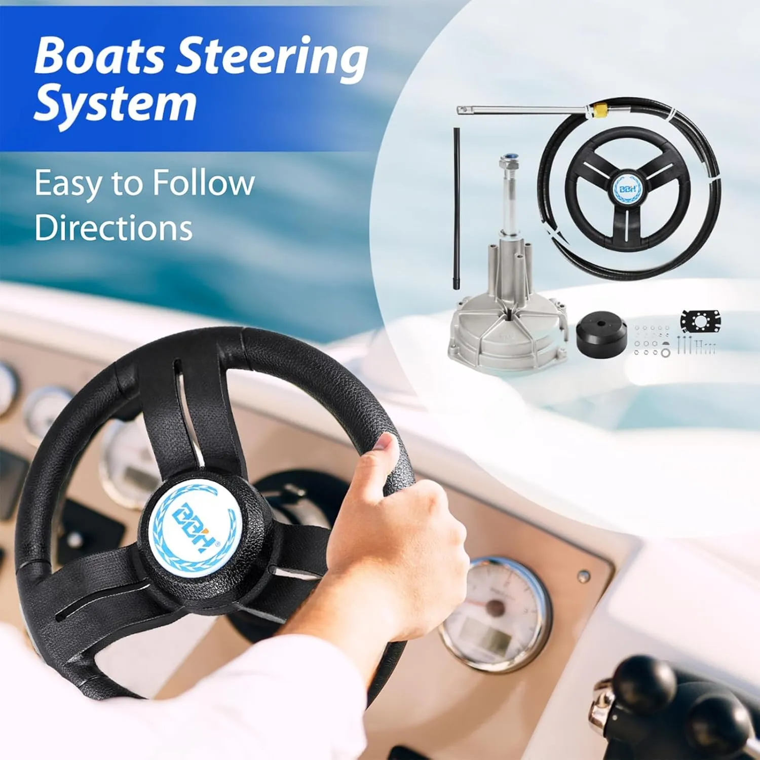 Mechanical Boat Steering System with 15FT Cable, 13.5" Black PU Steering Wheel, 3/4 Tapered Shaft, Compatible with Yamaha, Suzuki, Honda, Mercury, Nissan, Tohatsu