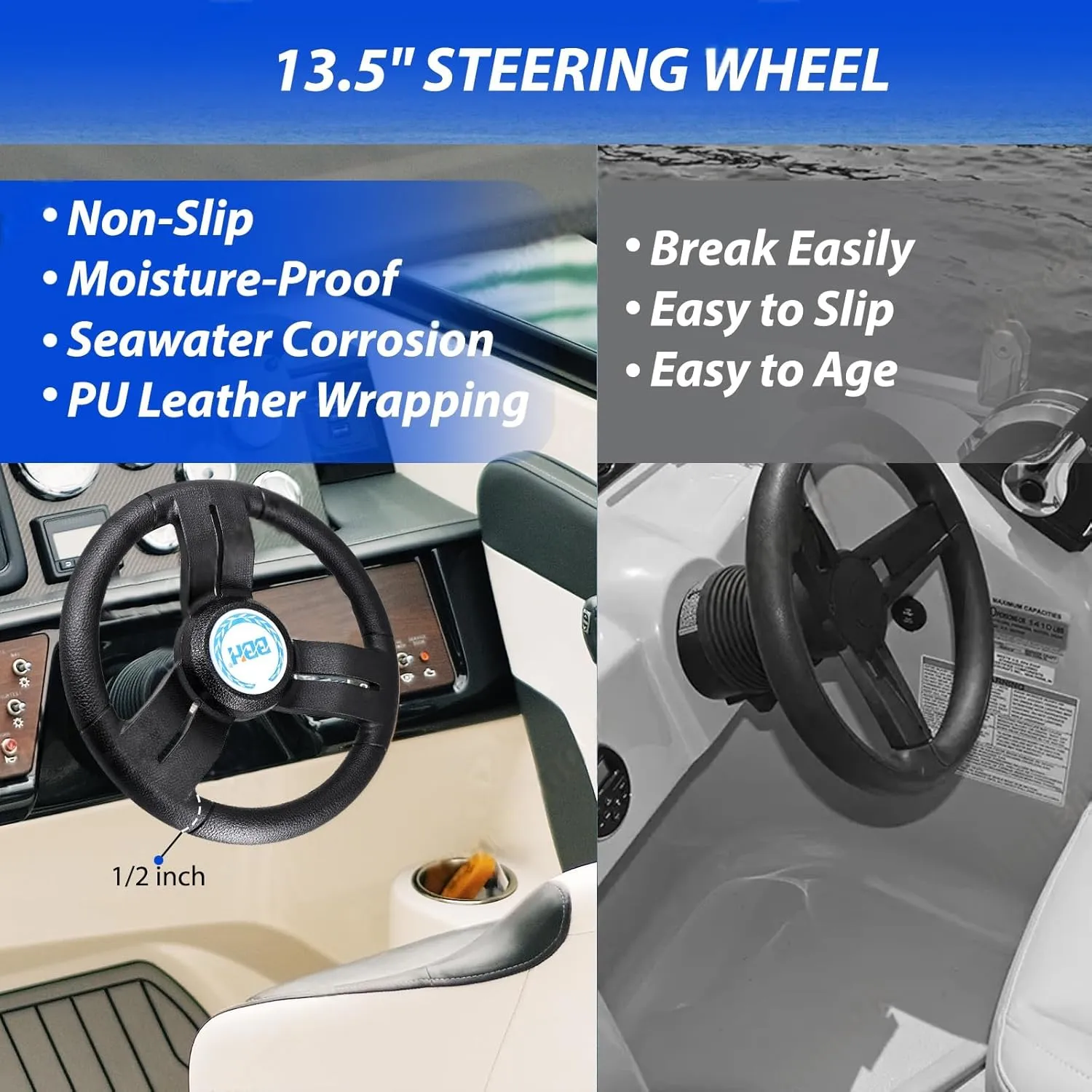 Mechanical Boat Steering System with 15FT Cable, 13.5" Black PU Steering Wheel, 3/4 Tapered Shaft, Compatible with Yamaha, Suzuki, Honda, Mercury, Nissan, Tohatsu