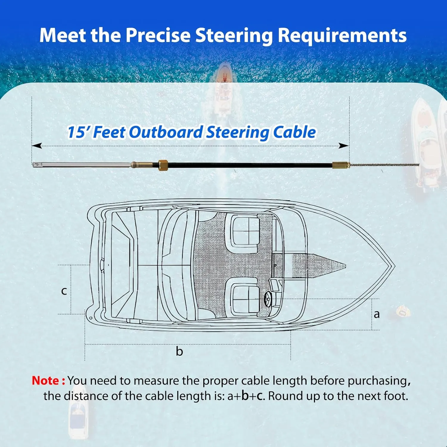Mechanical Boat Steering System with 15FT Cable, 13.5" Black PU Steering Wheel, 3/4 Tapered Shaft, Compatible with Yamaha, Suzuki, Honda, Mercury, Nissan, Tohatsu