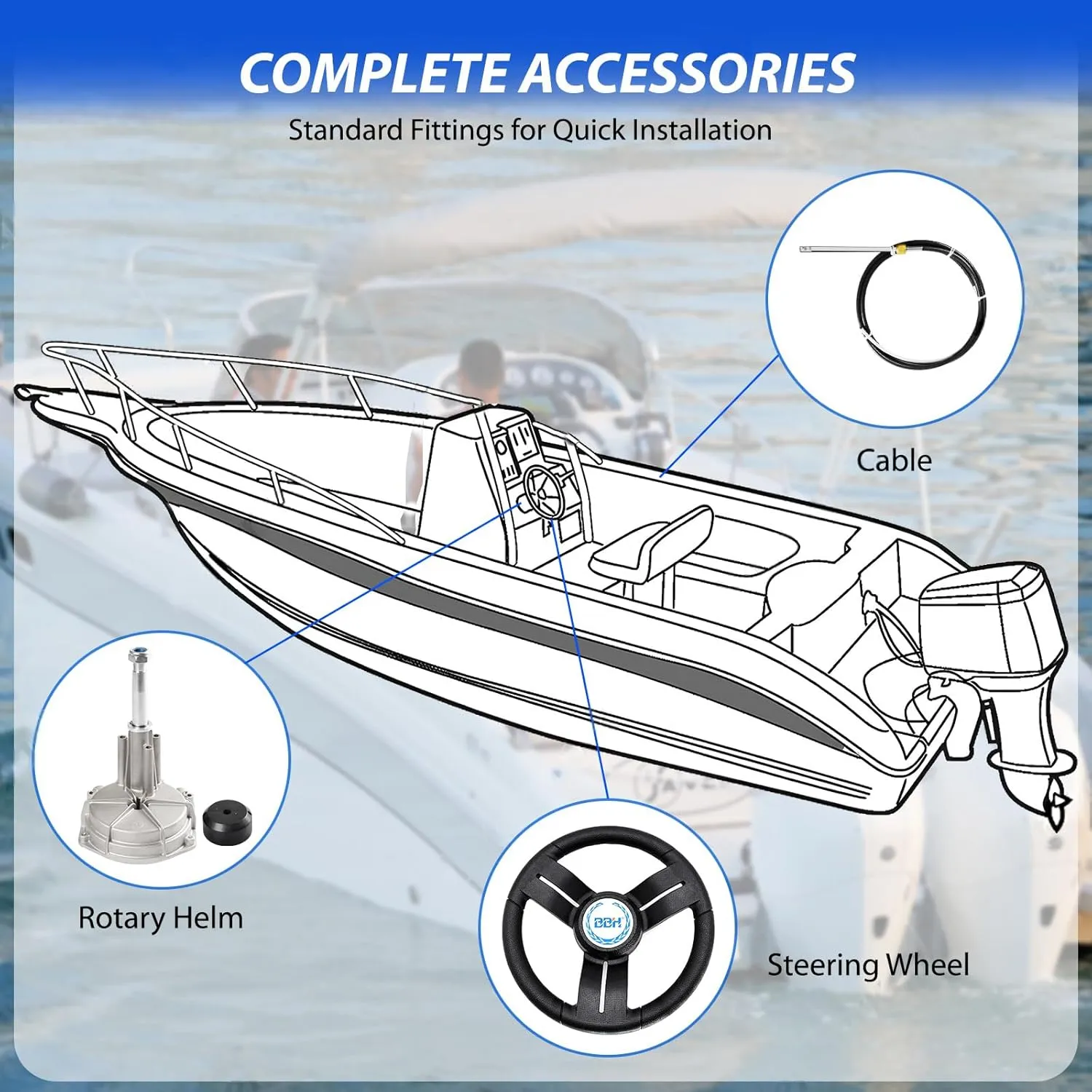 Mechanical Boat Steering System with 15FT Cable, 13.5" Black PU Steering Wheel, 3/4 Tapered Shaft, Compatible with Yamaha, Suzuki, Honda, Mercury, Nissan, Tohatsu