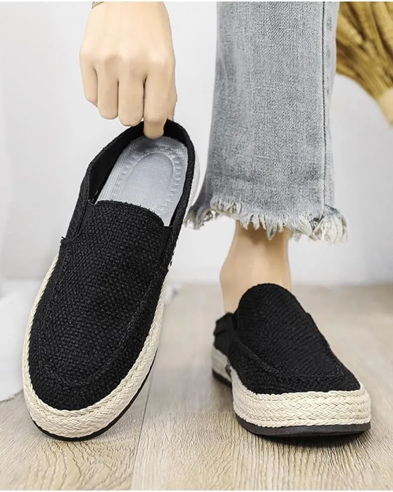 Men's Canvas Linen Flat Mules Comfy Clog Slippers Closed Toe Breathable Slip on Loafers Non-Slip Casual Shoes