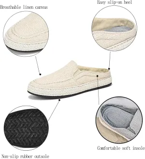 Men's Canvas Linen Flat Mules Comfy Clog Slippers Closed Toe Breathable Slip on Loafers Non-Slip Casual Shoes