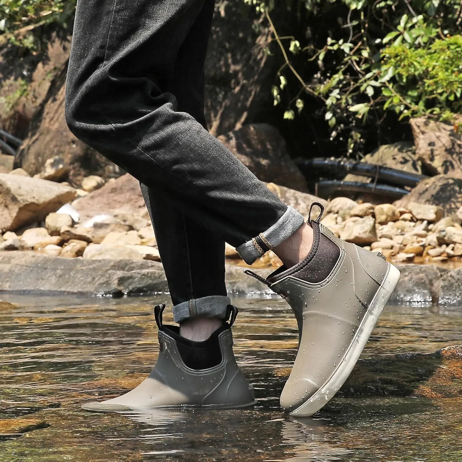 Men’s Deck Boots, Waterproof Men High Traction Fishing Boots, Lightweight Garden Rain Boots, Rubber Boots for Work Ankle, Durable Water Shoes for Boat