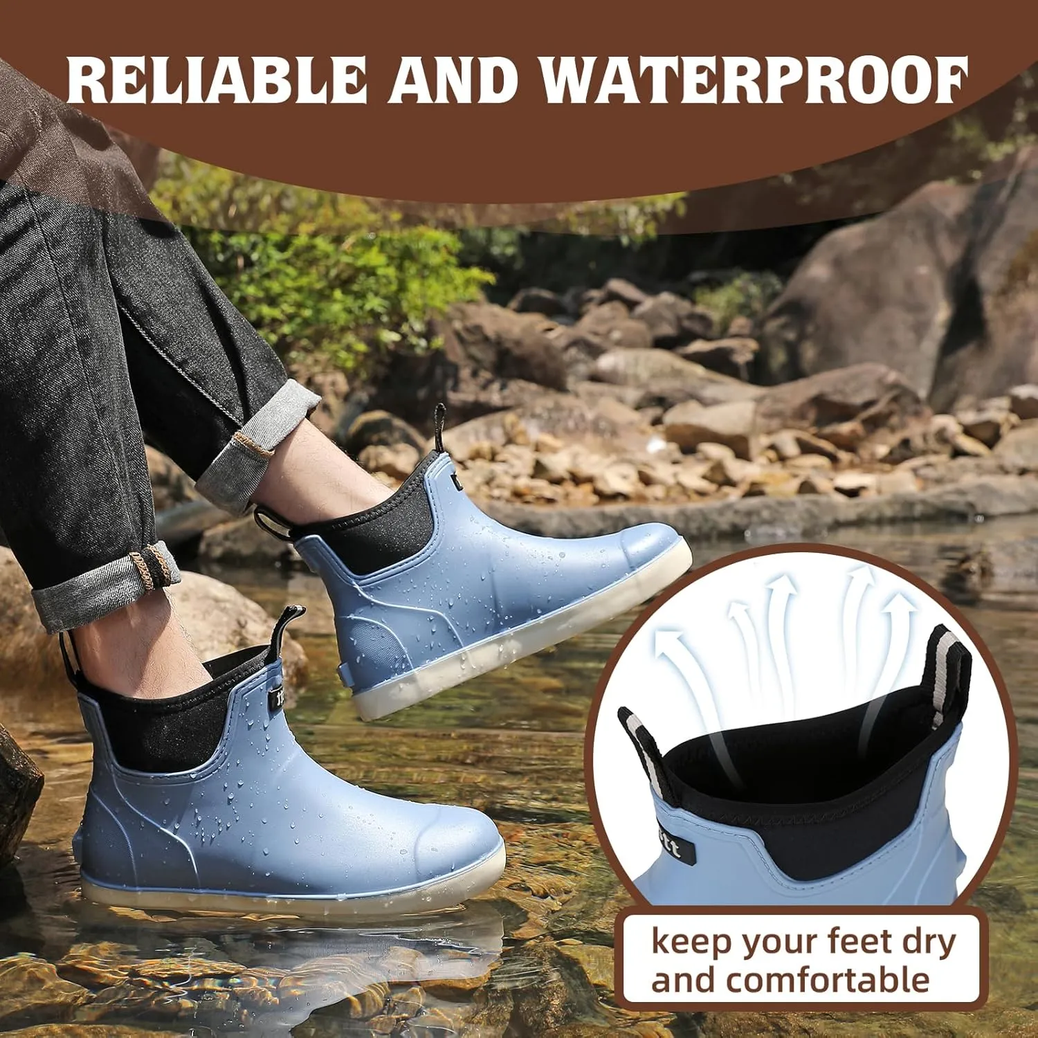 Men’s Deck Boots, Waterproof Men High Traction Fishing Boots, Lightweight Garden Rain Boots, Rubber Boots for Work Ankle, Durable Water Shoes for Boat