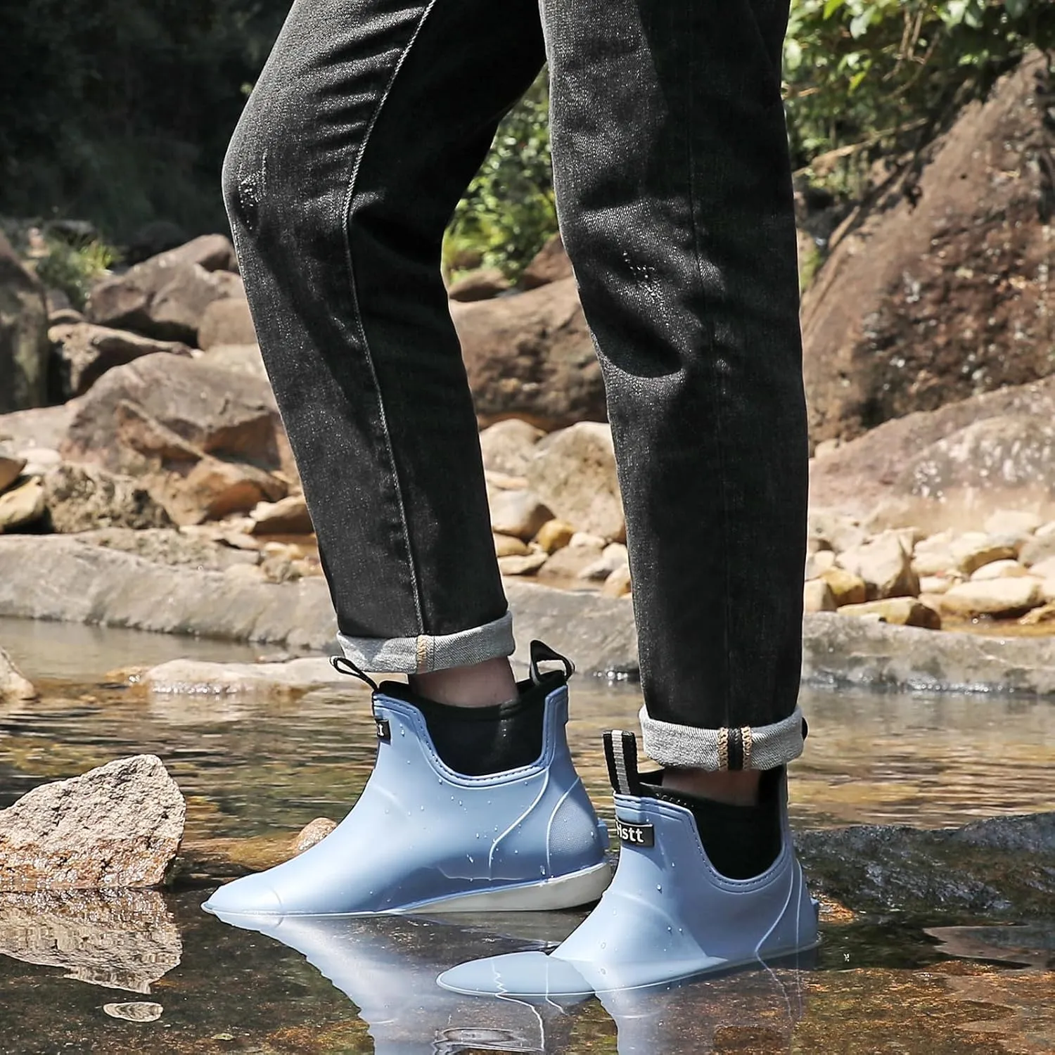 Men’s Deck Boots, Waterproof Men High Traction Fishing Boots, Lightweight Garden Rain Boots, Rubber Boots for Work Ankle, Durable Water Shoes for Boat