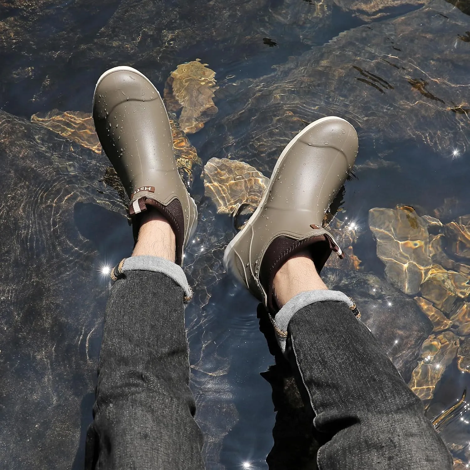Men’s Deck Boots, Waterproof Men High Traction Fishing Boots, Lightweight Garden Rain Boots, Rubber Boots for Work Ankle, Durable Water Shoes for Boat