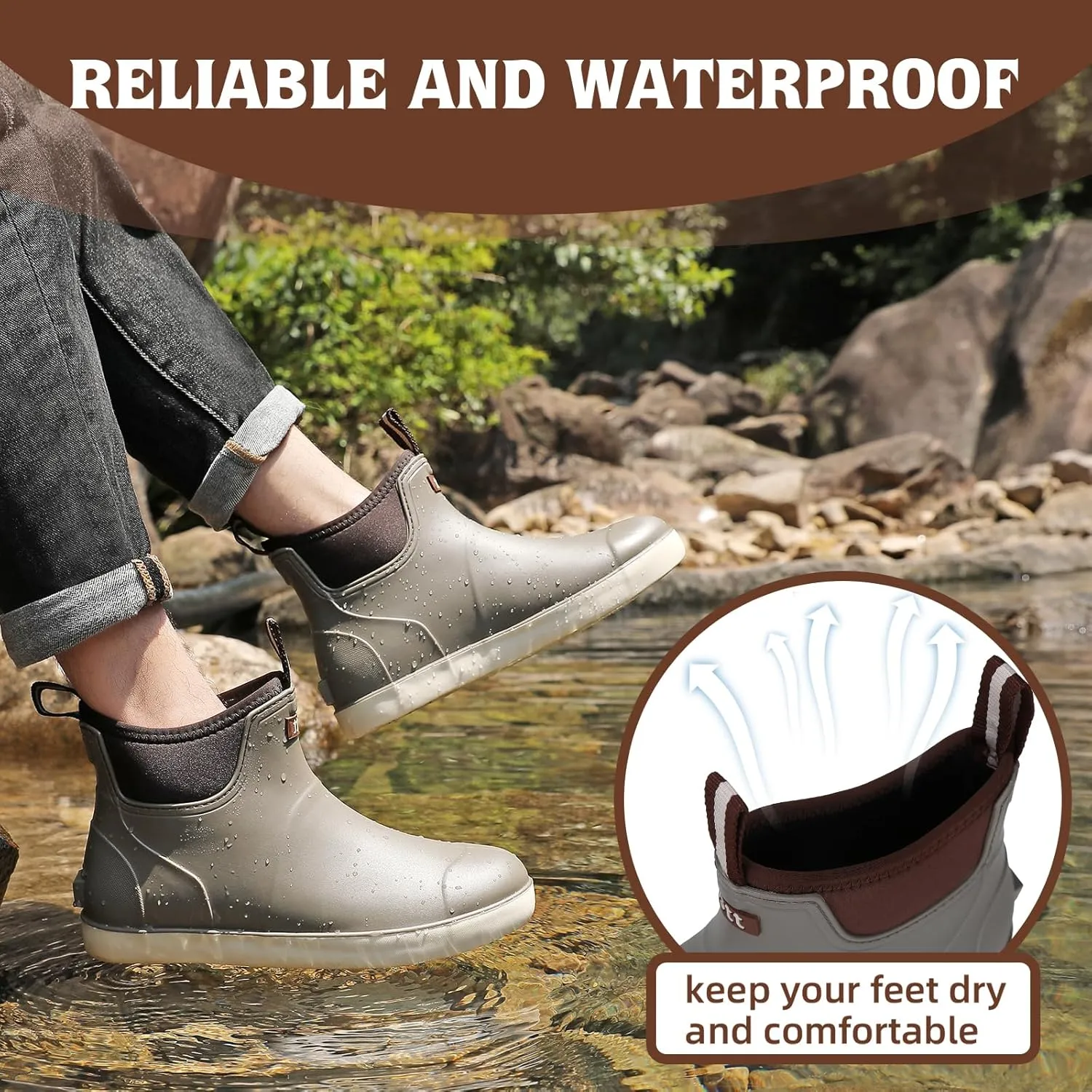 Men’s Deck Boots, Waterproof Men High Traction Fishing Boots, Lightweight Garden Rain Boots, Rubber Boots for Work Ankle, Durable Water Shoes for Boat