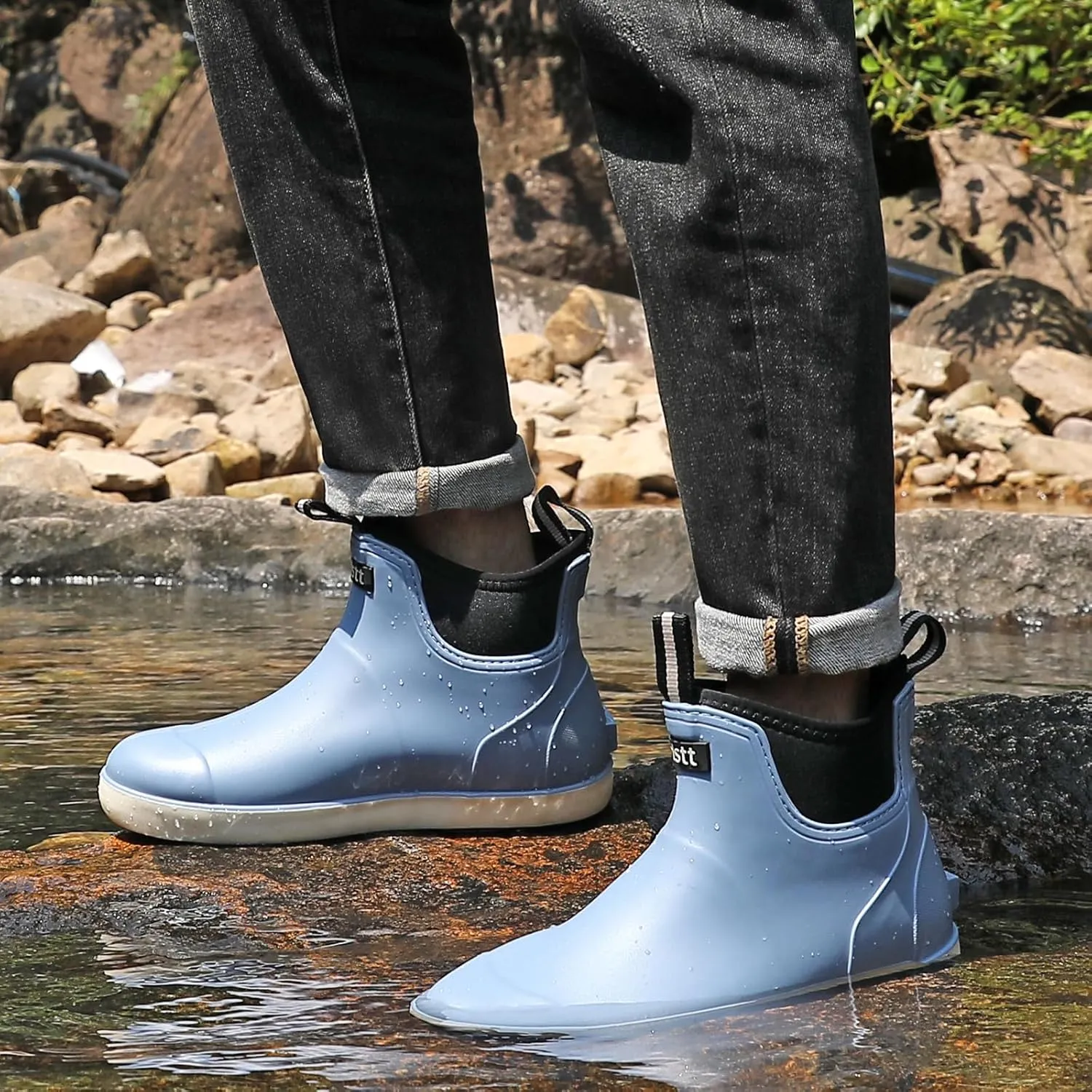Men’s Deck Boots, Waterproof Men High Traction Fishing Boots, Lightweight Garden Rain Boots, Rubber Boots for Work Ankle, Durable Water Shoes for Boat