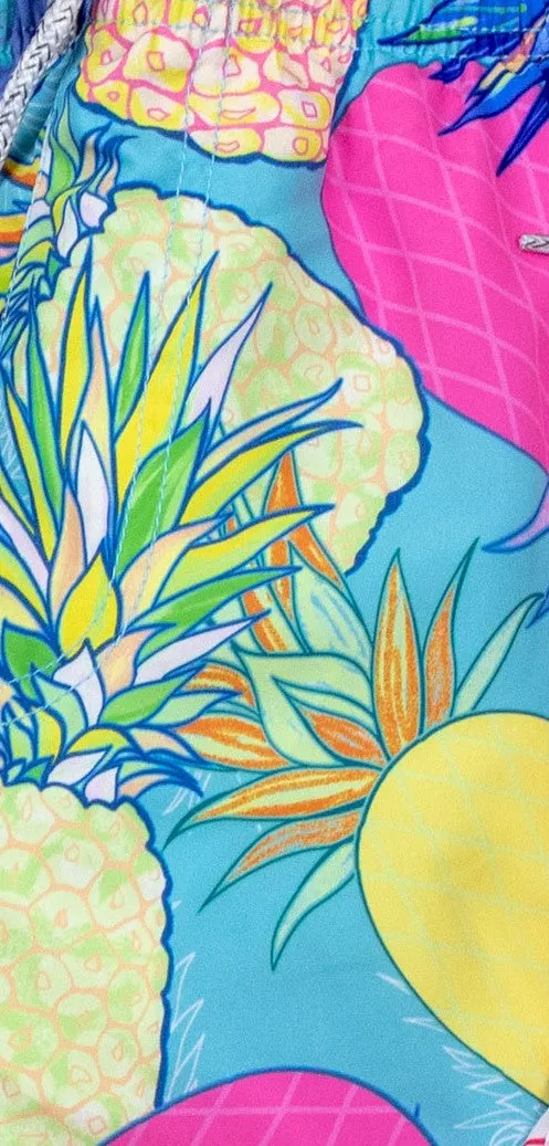 Men's Printed Swim Trunks - Print - Pineapple - Turquoise