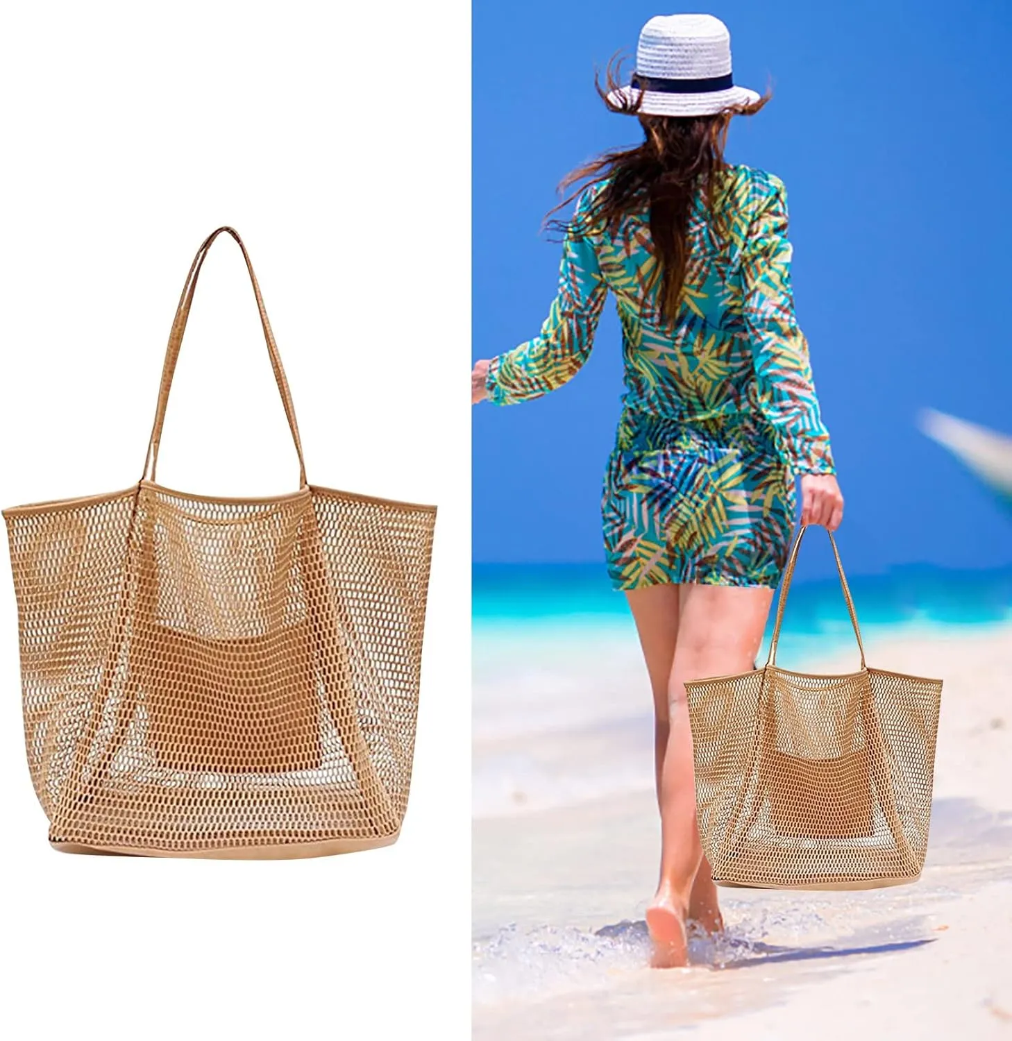 Mesh Beach Bag Tote Bag for Women Foldable Large Beach Tote Bag with Pockets Sandproof for Travel Vacation Gym