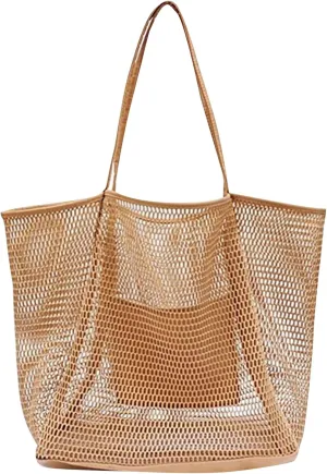 Mesh Beach Bag Tote Bag for Women Foldable Large Beach Tote Bag with Pockets Sandproof for Travel Vacation Gym