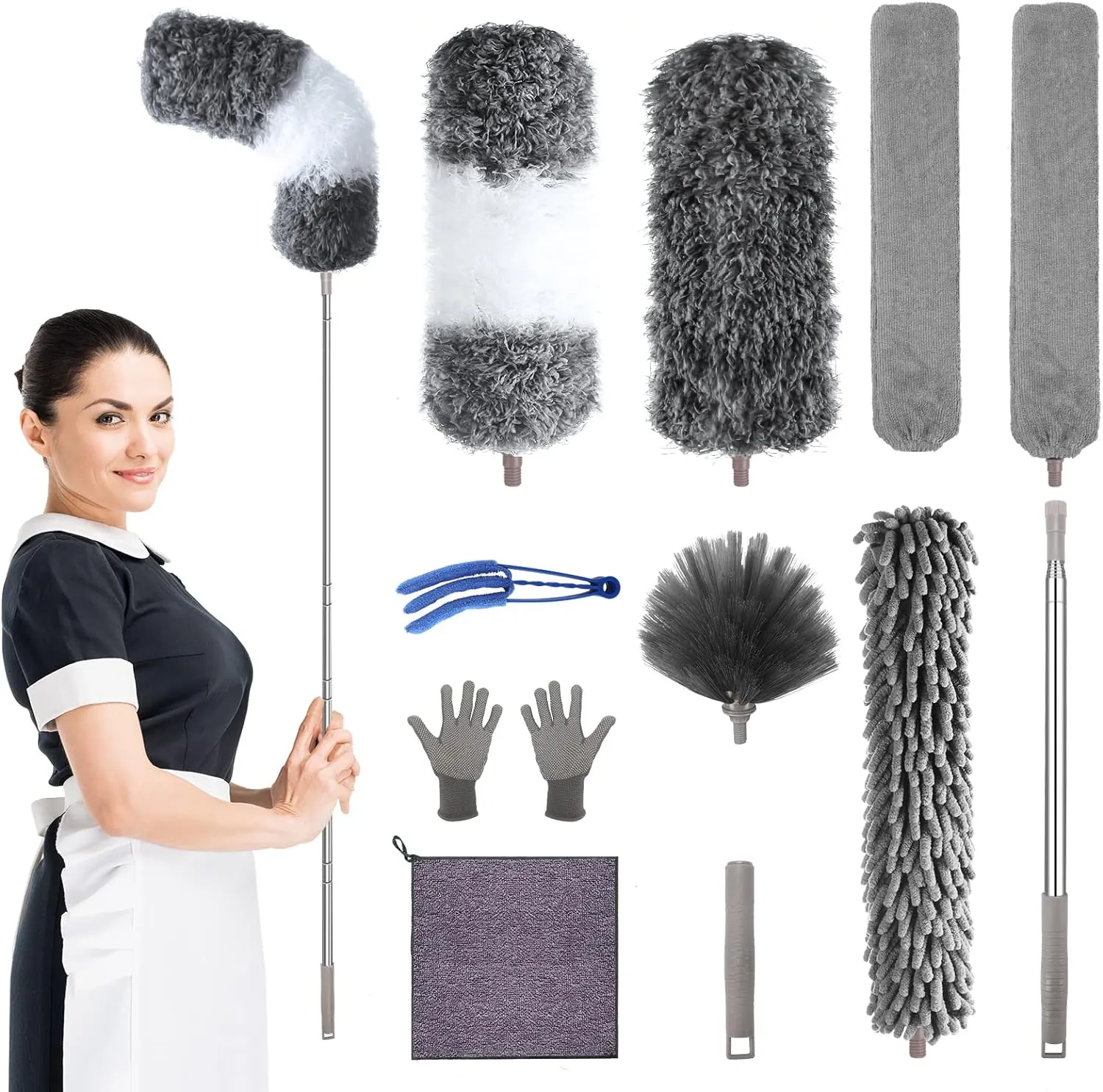 Microfiber Feather Duster with Extension Pole 30 to 100 inches, Reusable,Bendable, Washable Dusters for Cleaning Ceiling Fan, High Ceiling, Blinds, Furniture & Cars, 12PCS