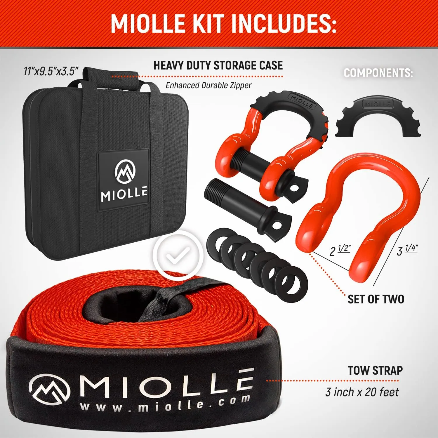 MiolleGear Tow Strap 3”x20’- 33400lbs MBS (Lab Tested) Recovery Strap Kit Includes: Tow Rope, 2 D-Ring Shackles MBS-41800LBS, Storage Case