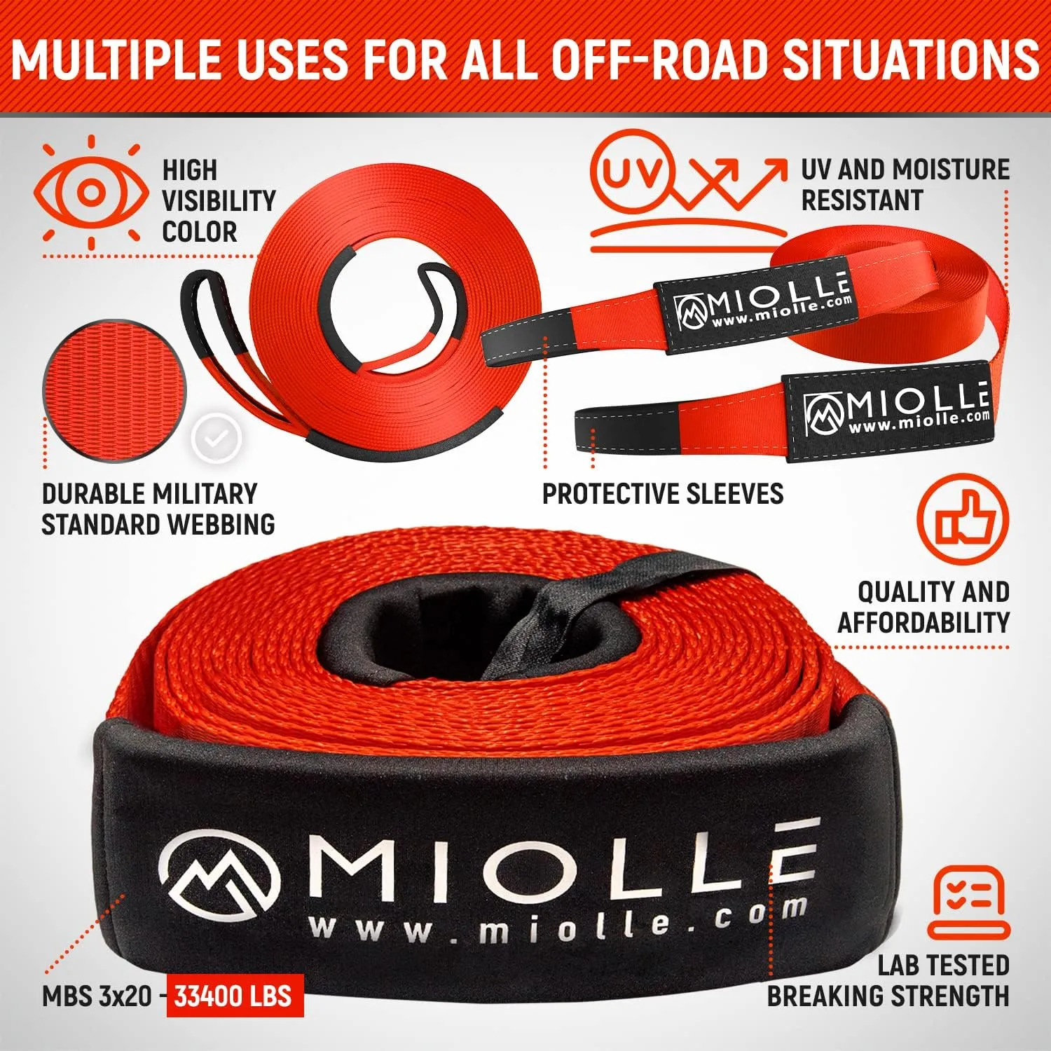 MiolleGear Tow Strap 3”x20’- 33400lbs MBS (Lab Tested) Recovery Strap Kit Includes: Tow Rope, 2 D-Ring Shackles MBS-41800LBS, Storage Case