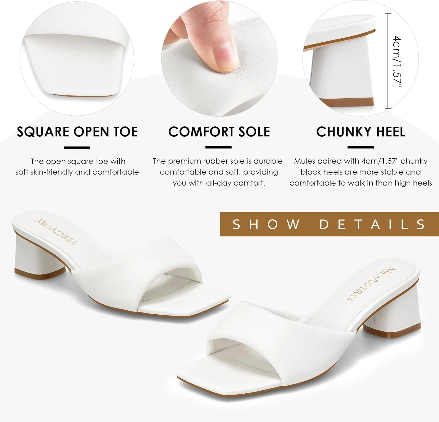 MIRAAZZURRA Heel Mules for Woman Square Open Toe Chunky Block Heel Slip on Heeled Sandals Casual Comfort Party Shoes