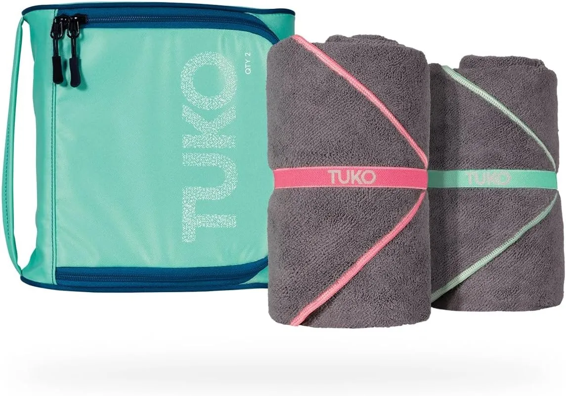 MISSION Tuko Microfiber Beach Towel Set with Water-Resistant Carrying Case for Boating and Swimming (Teal Bag Holder, 60L x 30W, Set of 2)
