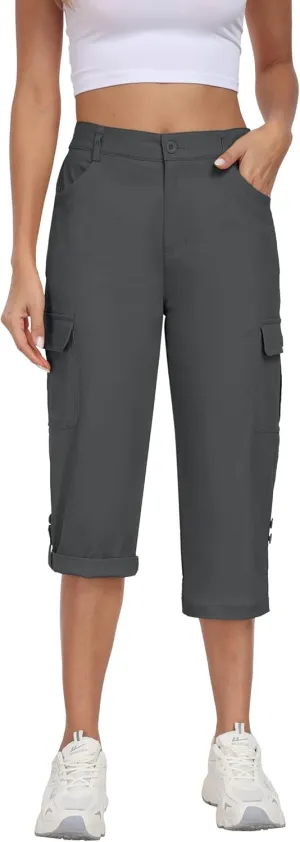 MoFiz Women's Cargo Capri Pants Cotton Roll up Convertible Capris Summer Casual Athletic Hiking Cropped Pants with Pockets Dark Grey XL