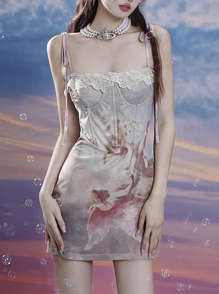 Monet Renaissance Oil Painting Classic Elegant Pink Purple Strap Dress