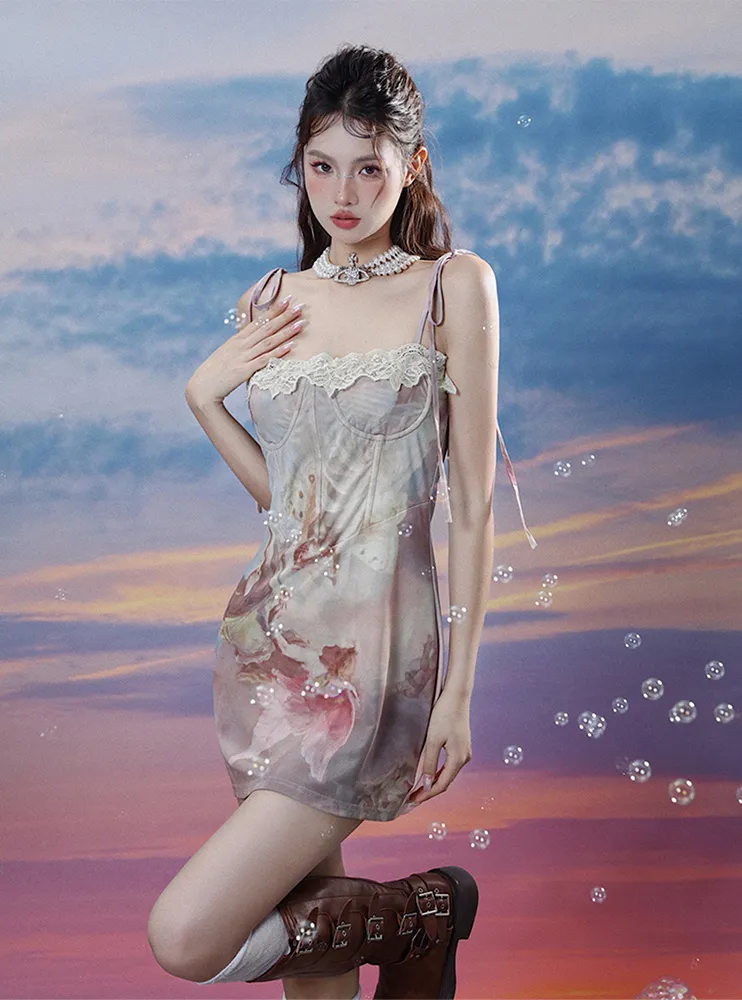 Monet Renaissance Oil Painting Classic Elegant Pink Purple Strap Dress