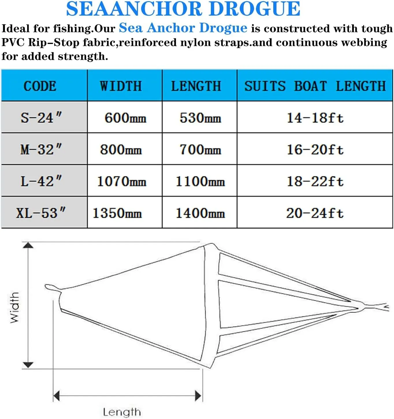 MOOCY Sea Anchor Drift Sock,24”/32”/42” Parachute Drift Anchor with Harness Buoy for Marine Boat/Yacht/Jet Ski/Inflatable/Power Boat/Sail Boat