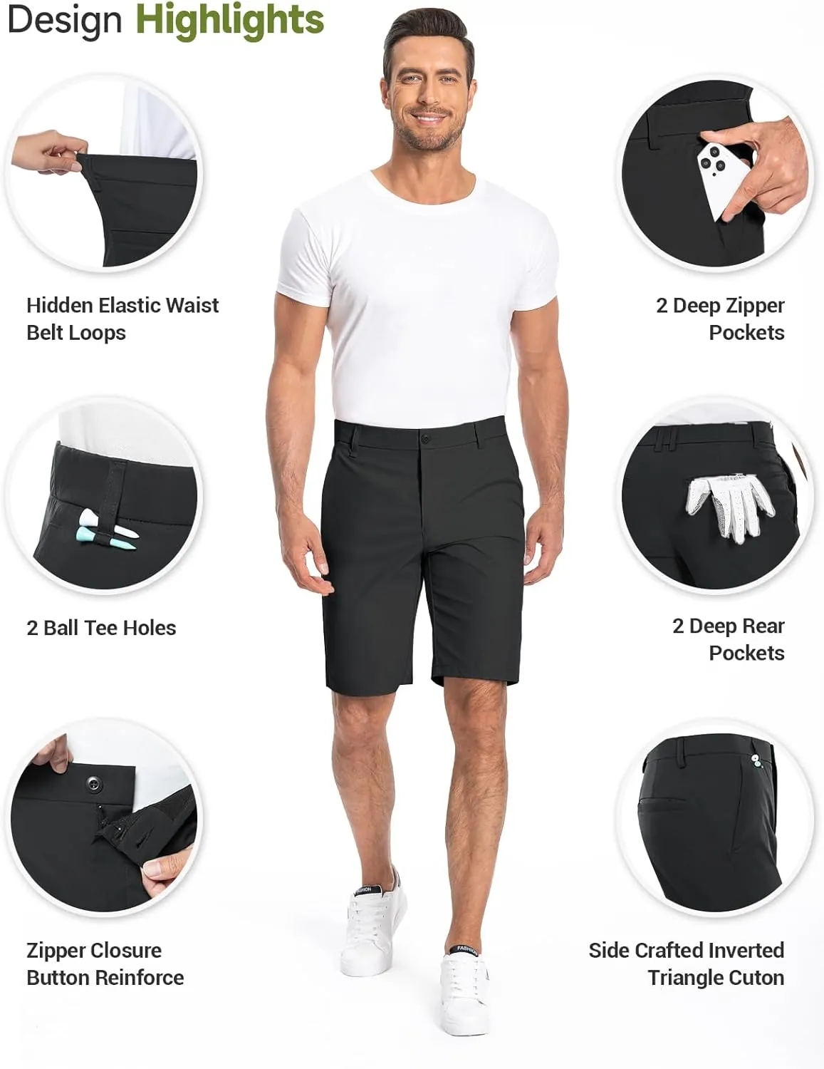 Moosehill Mens Golf Dress Casual Shorts 7" 10" Quick Dry Stretch Anti-Wrinkle Flat Front with 4 Pockets for Work Hybrid Chino