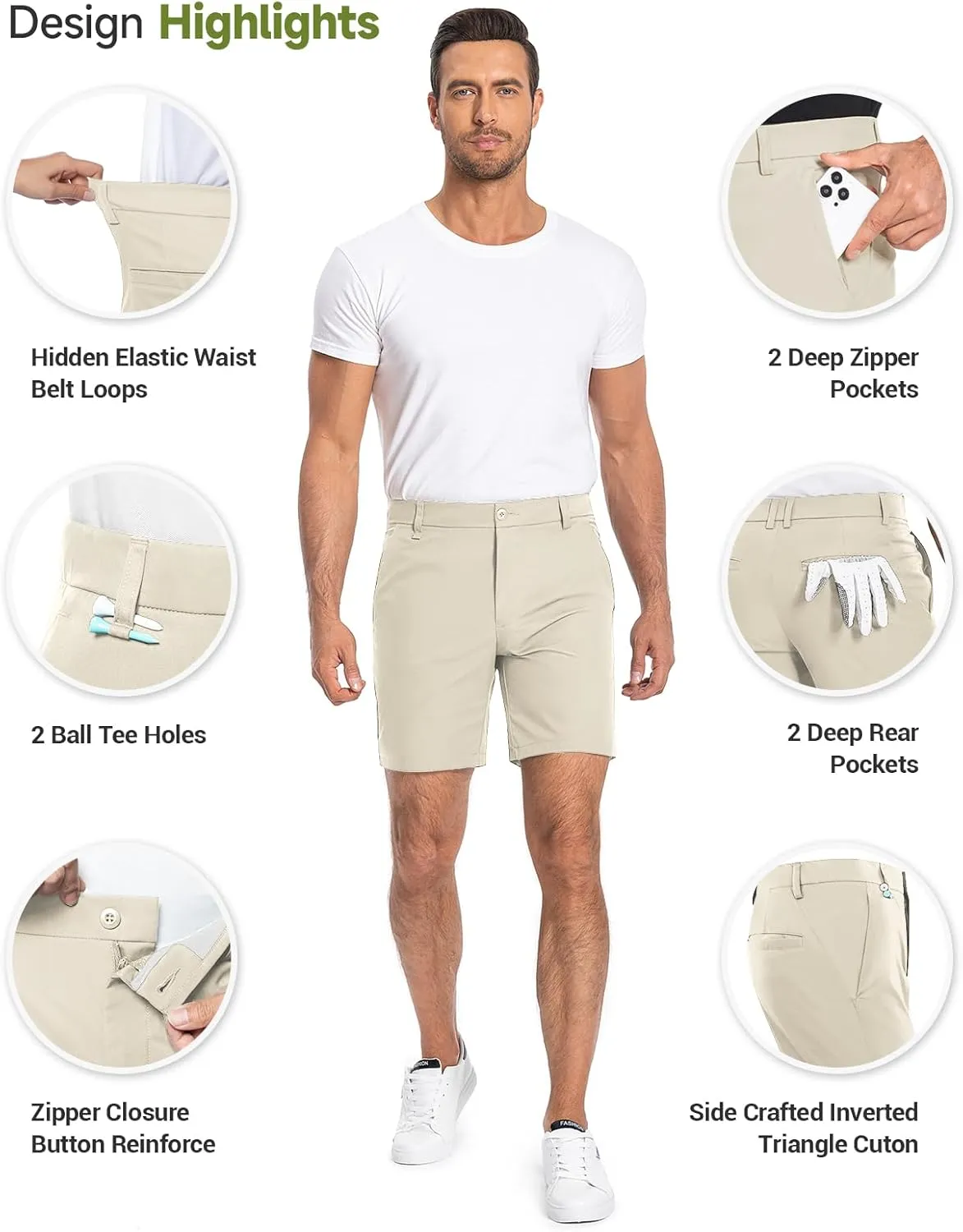 Moosehill Mens Golf Dress Casual Shorts 7" 10" Quick Dry Stretch Anti-Wrinkle Flat Front with 4 Pockets for Work Hybrid Chino