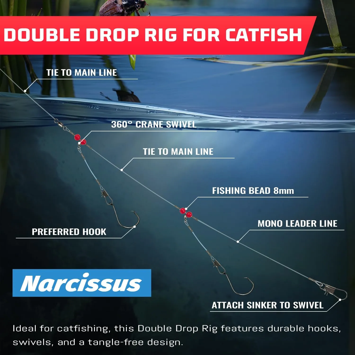 Narcissus Double Drop Saltwater Fishing Rig – Mono 2 Hook Bottom Rigs with Swivels & Snaps, Pre-Tied Surf Pier Boat Leader Line for Snapper, Bass, Mackerel, Catfish