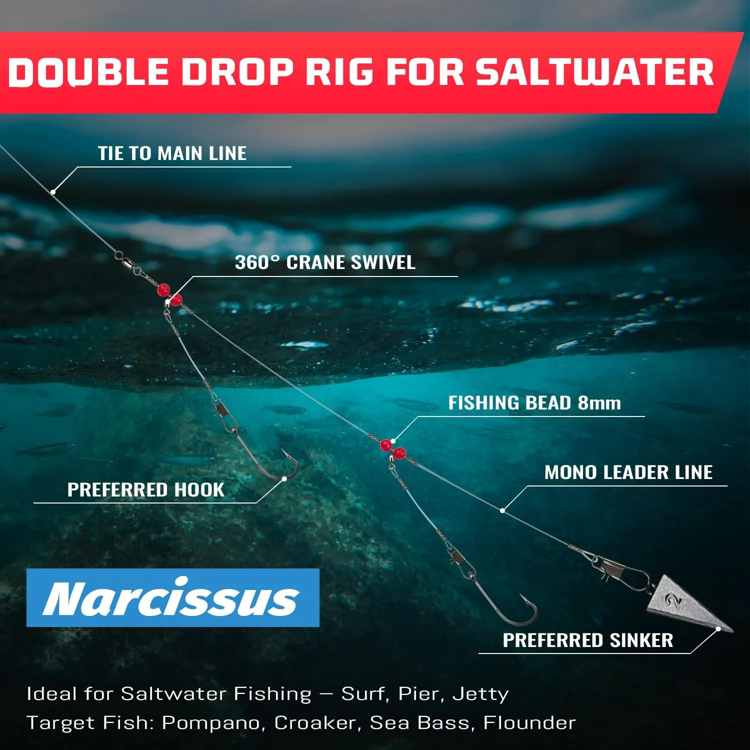 Narcissus Double Drop Saltwater Fishing Rig – Mono 2 Hook Bottom Rigs with Swivels & Snaps, Pre-Tied Surf Pier Boat Leader Line for Snapper, Bass, Mackerel, Catfish