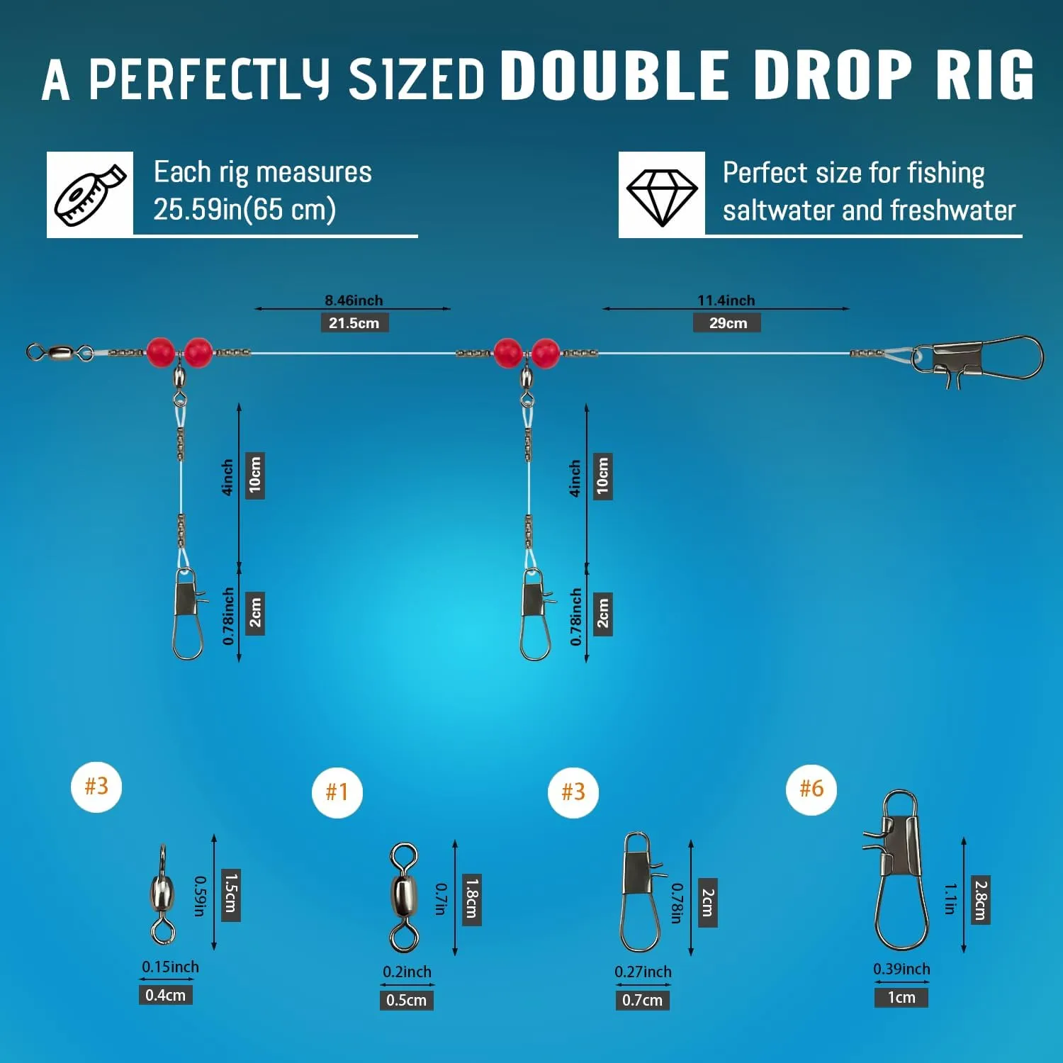 Narcissus Double Drop Saltwater Fishing Rig – Mono 2 Hook Bottom Rigs with Swivels & Snaps, Pre-Tied Surf Pier Boat Leader Line for Snapper, Bass, Mackerel, Catfish