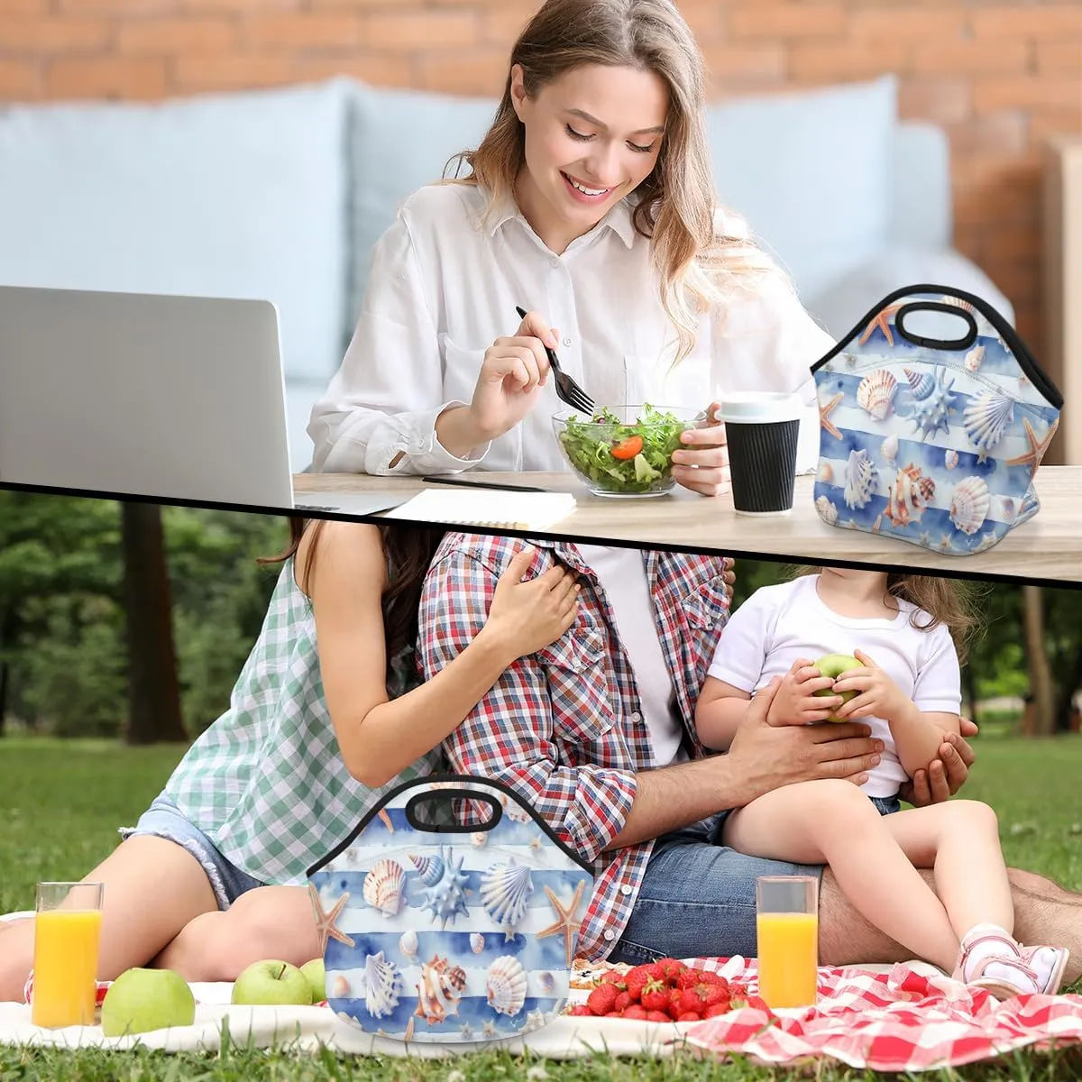 Neoprene Lunch Bag for Women, Insulated Lunch Bag Tote Reusable Waterproof Cooler Coastal Summer Nautical Shells Lunchbox Handbag Gift for Shopping Gourmet Tote with Zipper Work Picnic