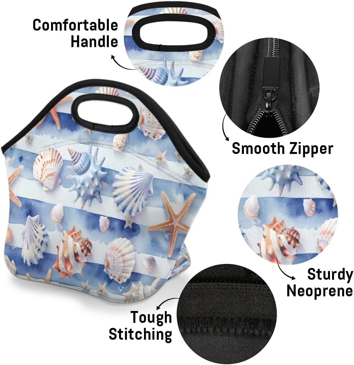 Neoprene Lunch Bag for Women, Insulated Lunch Bag Tote Reusable Waterproof Cooler Coastal Summer Nautical Shells Lunchbox Handbag Gift for Shopping Gourmet Tote with Zipper Work Picnic